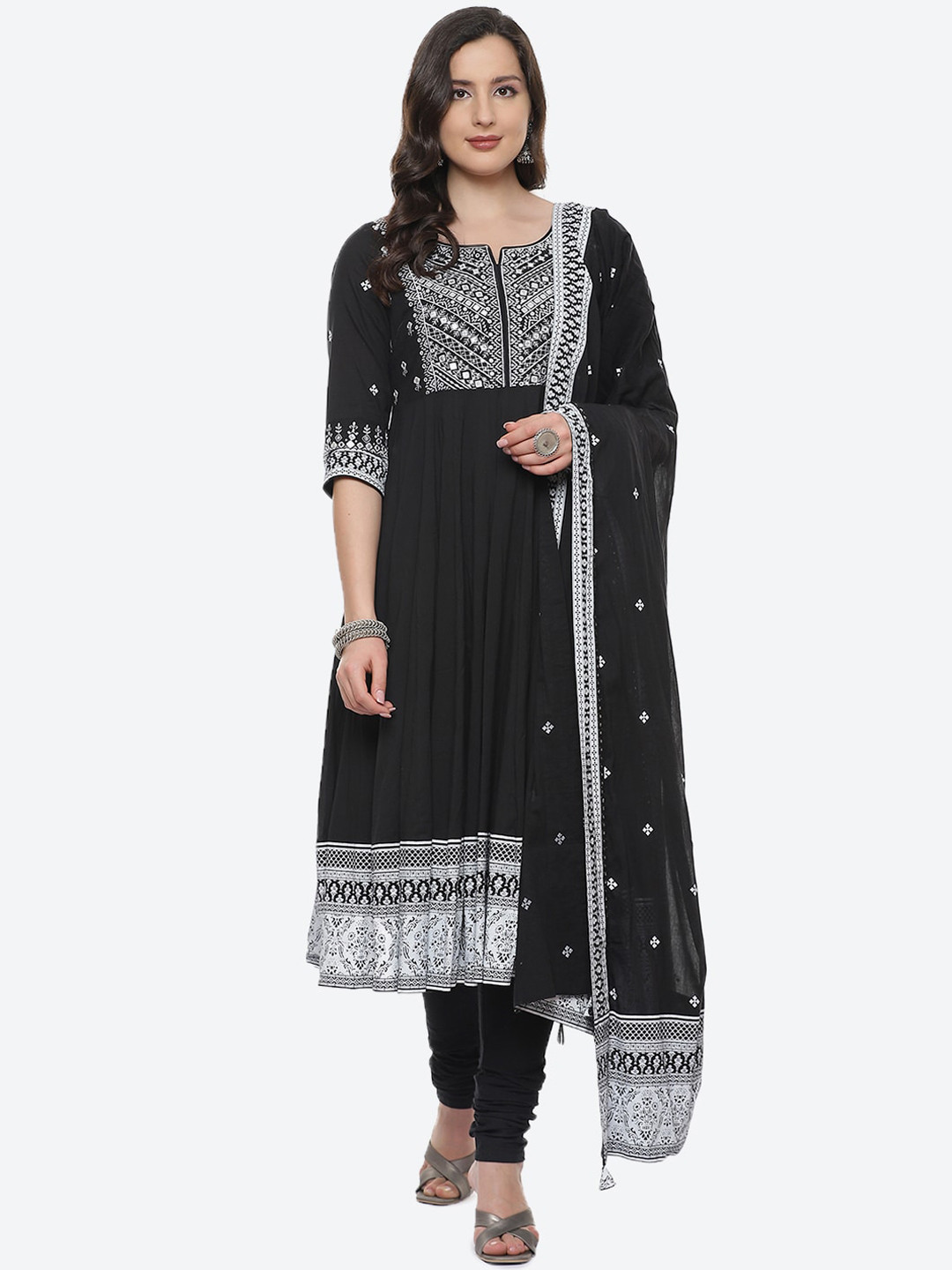 

Biba Women Black Ethnic Motifs Embroidered Mirror Work Pure Cotton Kurta with Churidar & With Dupatta