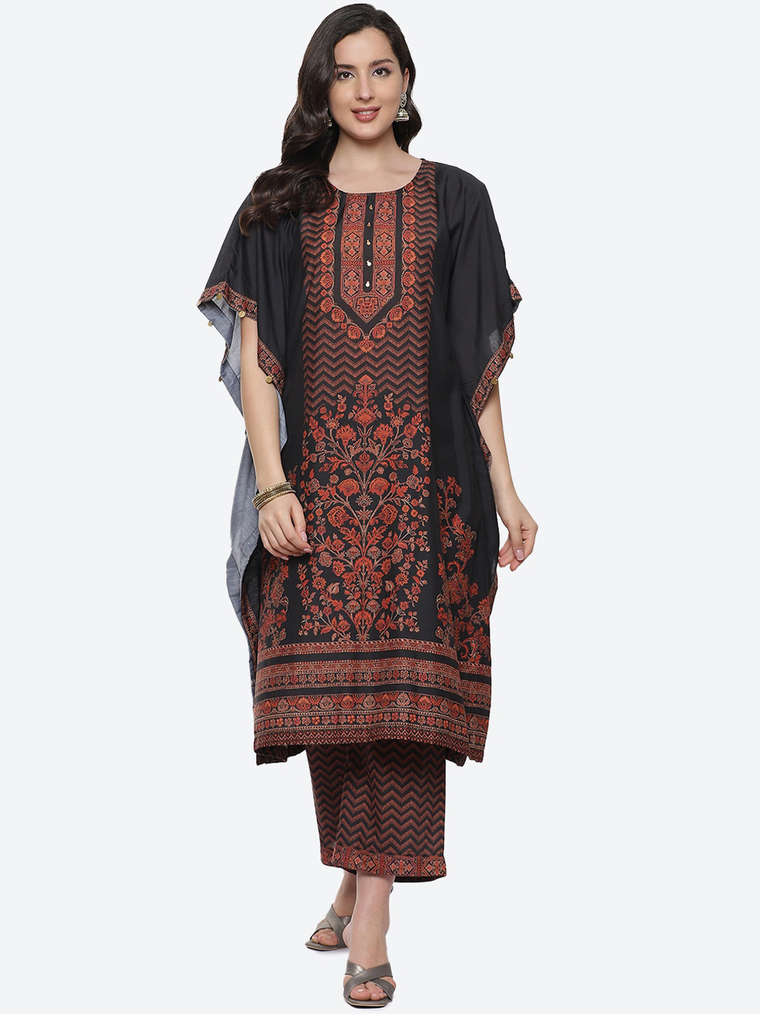

Biba Women Black Ethnic Motifs Printed Kaftan Kurta with Trousers