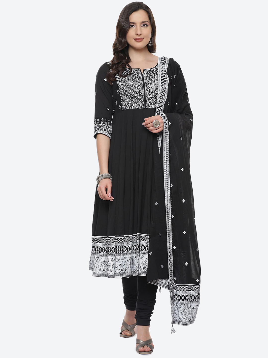 

Biba Women Black Ethnic Motifs Embroidered Pure Cotton Kurta with Churidar & With Dupatta