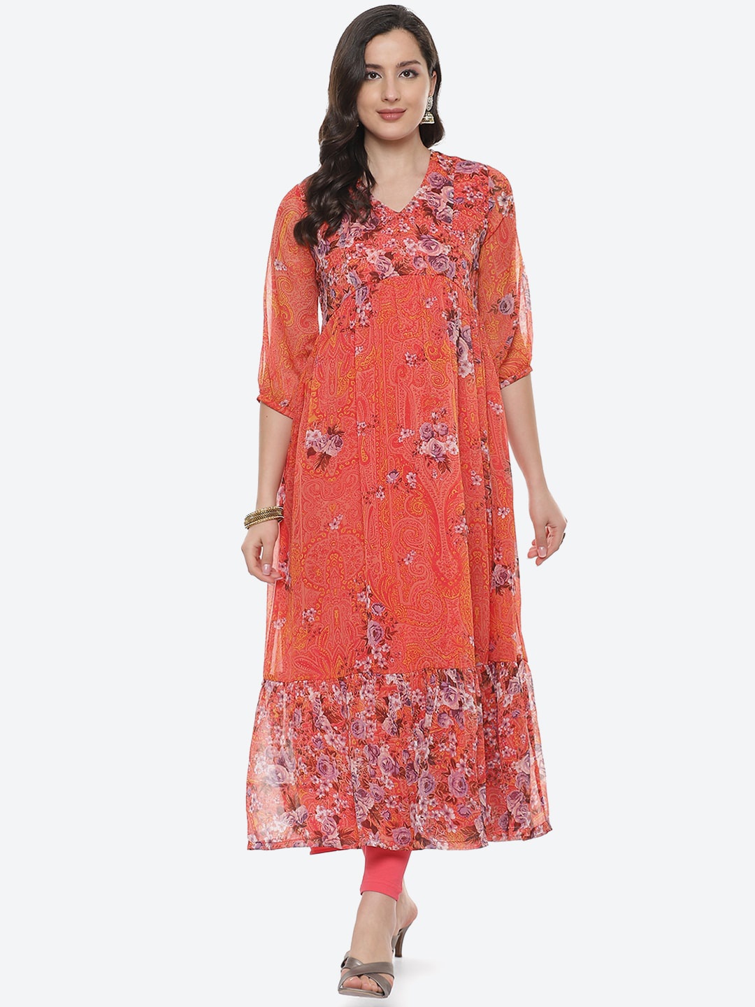 

Biba Women Coral Floral Embroidered Layered Kurta with Churidar