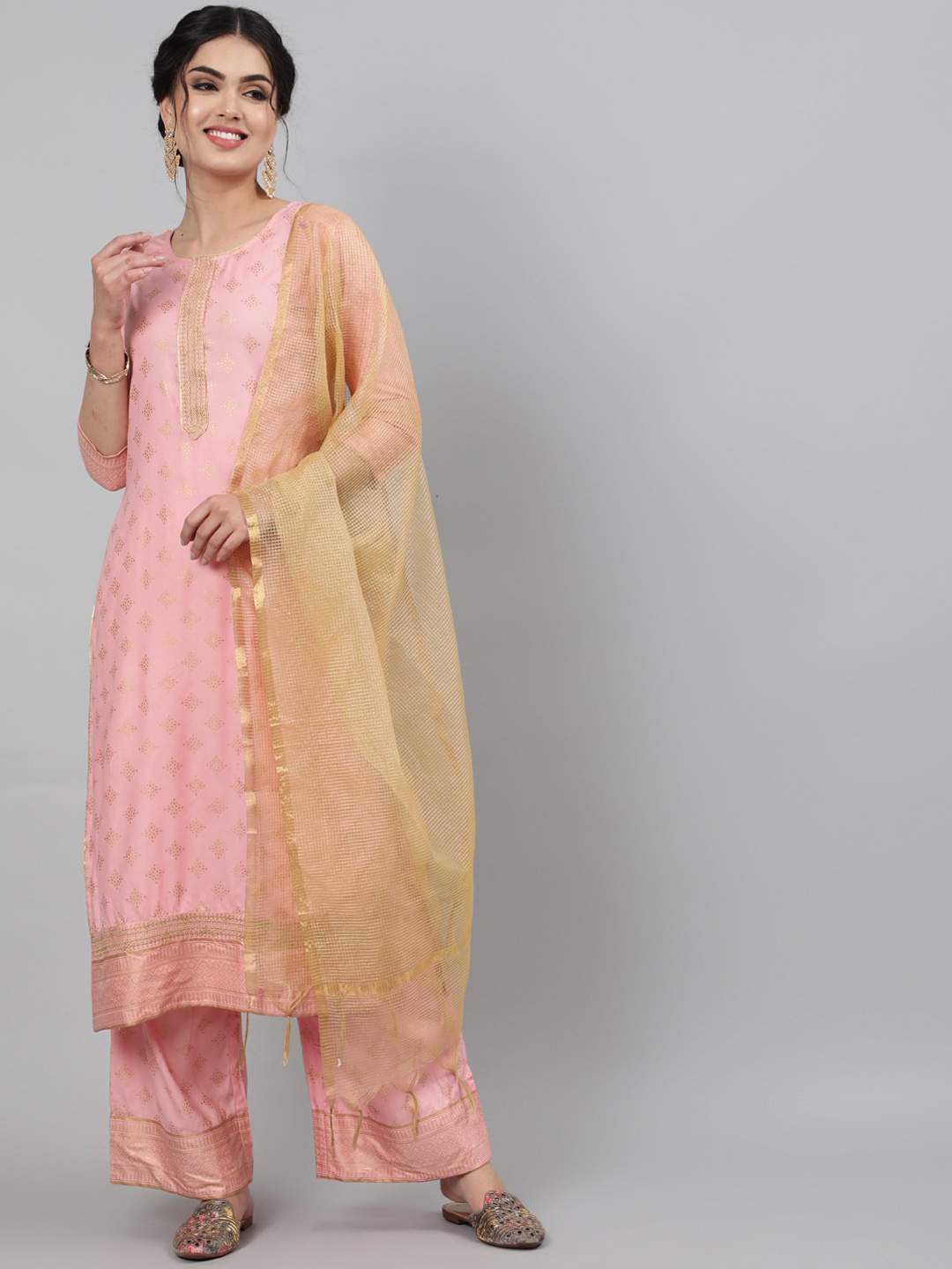 

KIMAYRA Women Pink Yoke Design Layered Kurti with Trousers & With Dupatta