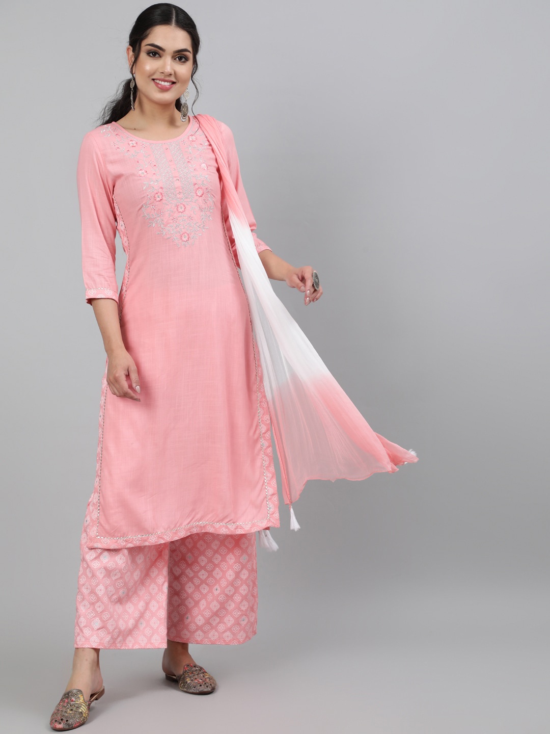 

KIMAYRA Women Pink Yoke Design Panelled Kurta with Palazzos & With Dupatta
