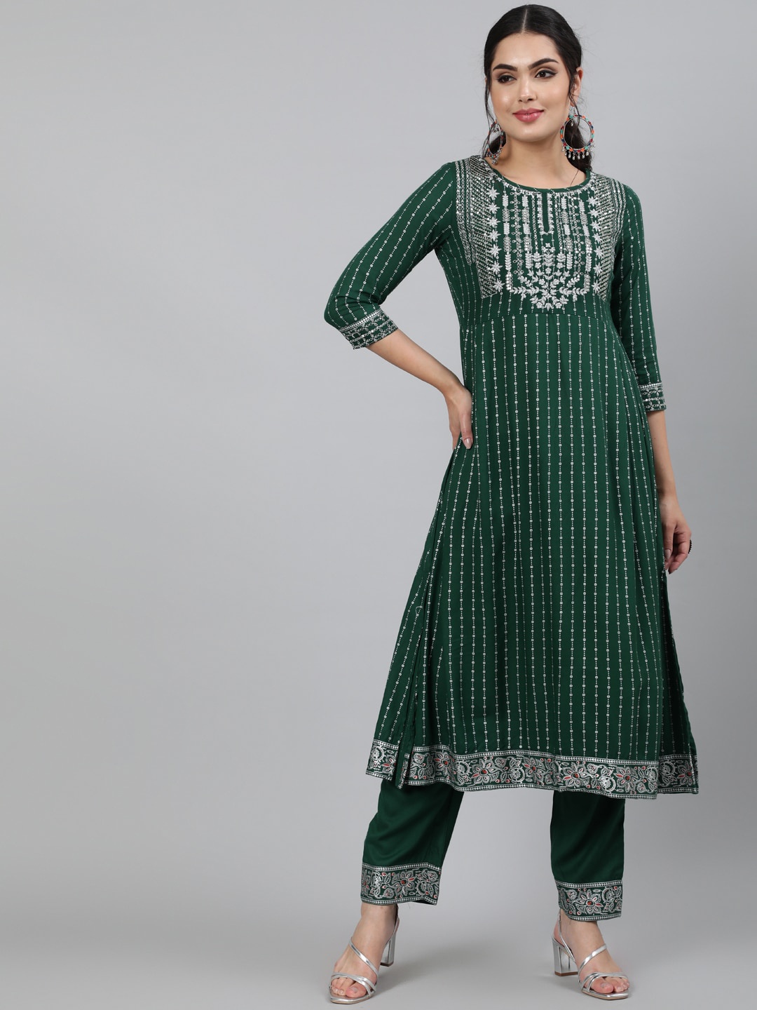 KIMAYRA Women Green Striped Pleated Kurta with Trousers