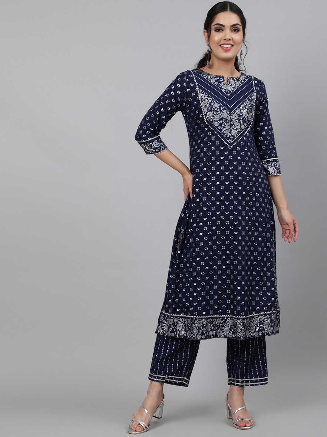 

KIMAYRA Women Navy Blue Printed Layered Kurti with Trousers