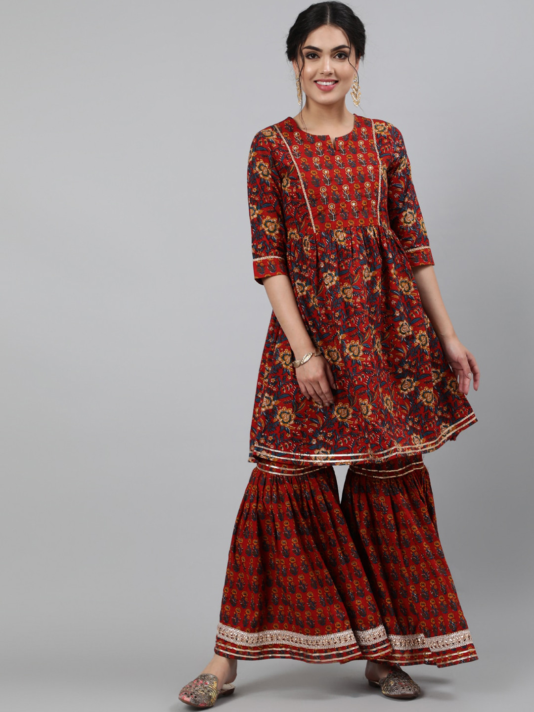 

KIMAYRA Women Maroon Floral Printed Pleated Pure Cotton Kurti with Sharara