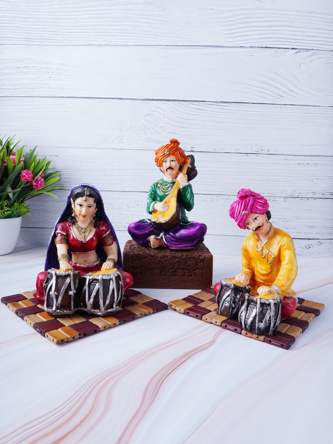 

FASHIYANOO Set Of 3 Multicoloured Rajasthani With Musical Instruments Showpieces, Multi