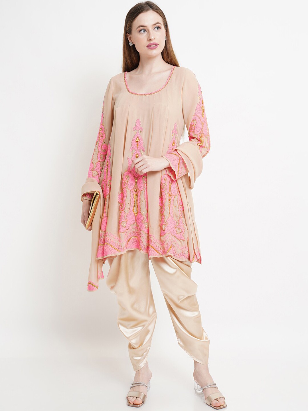 

Purple State Women Beige Ethnic Motifs Printed Layered Thread Work Kurti with Dhoti Pants & With Dupatta