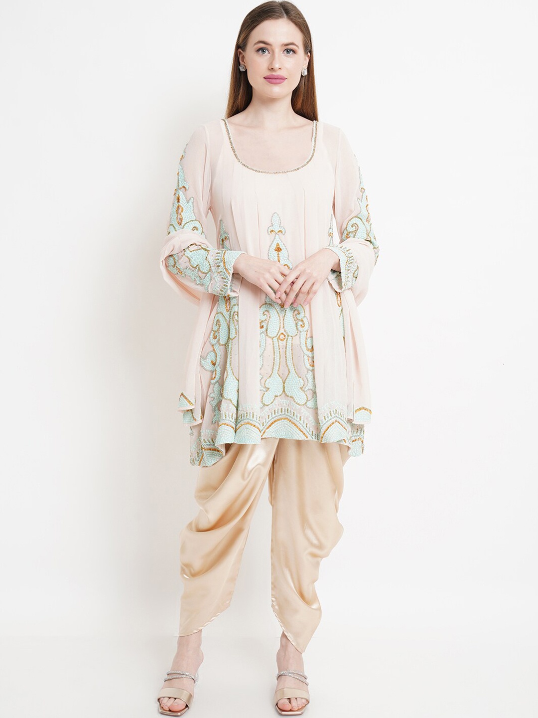 

Purple State Women Peach-Coloured Paisley Embroidered Thread Work Kurti with Dhoti Pants & With Dupatta