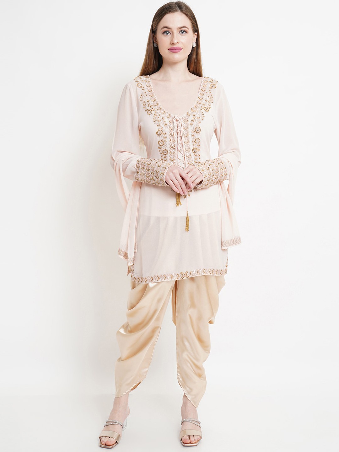 

Purple State Women Peach-Coloured Floral Embroidered Sequinned Kurti with Dhoti Pants & With Dupatta