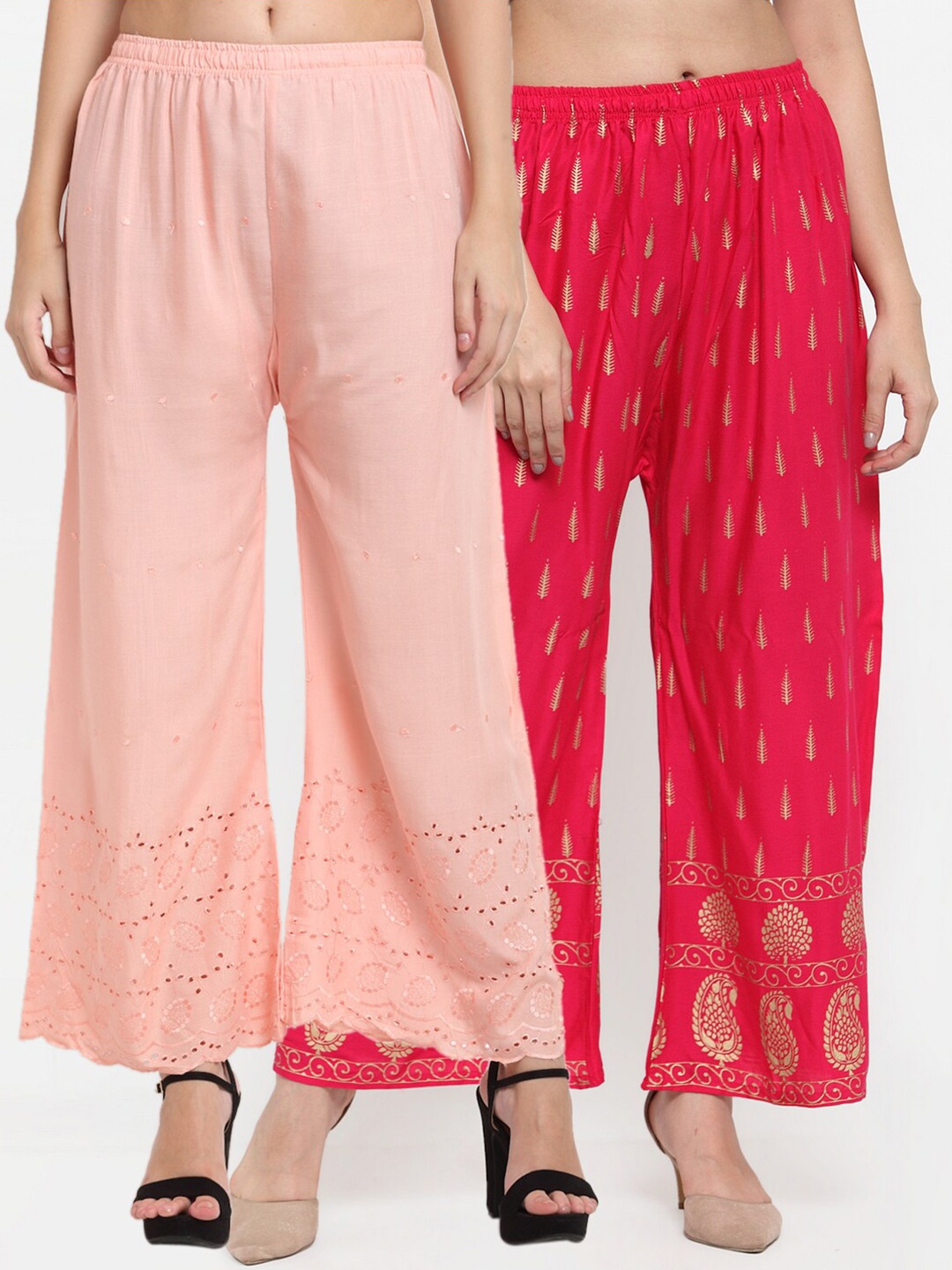 

Miaz Lifestyle Women Peach-Coloured & Pink Set of 2 Flared Palazzos