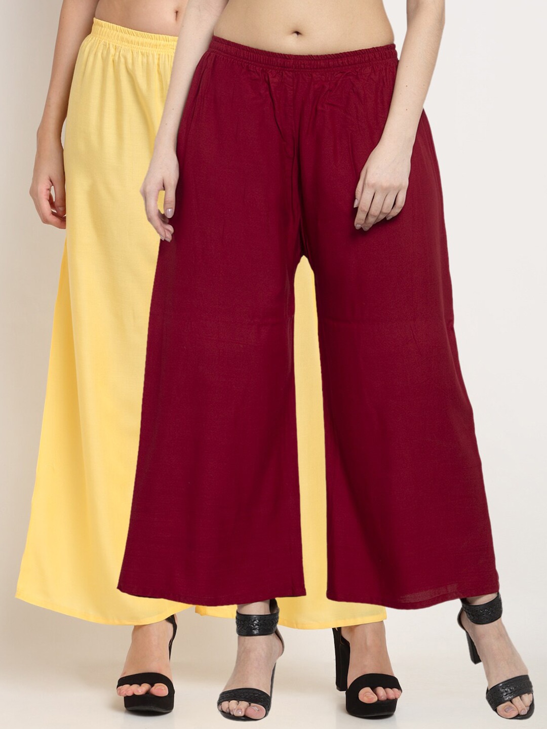 

Miaz Lifestyle Women Yellow & Maroon Set of 2 Flared Palazzos