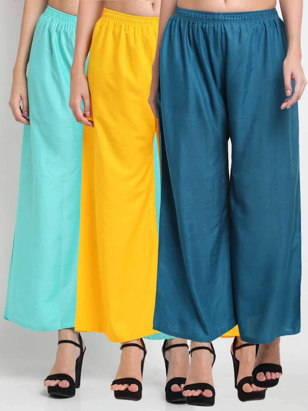 

Miaz Lifestyle Women Turquoise Blue & Yellow Set of 3 Flared Ethnic Palazzos