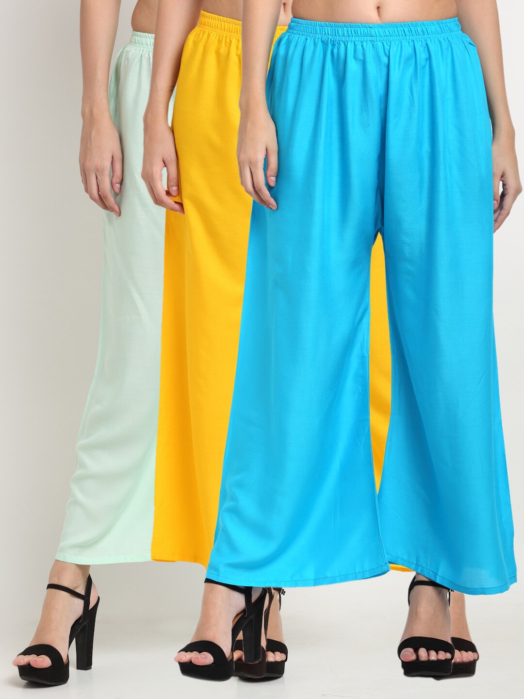 

Miaz Lifestyle Women Pack Of 3 Blue & Yellow Flared Knitted Palazzos