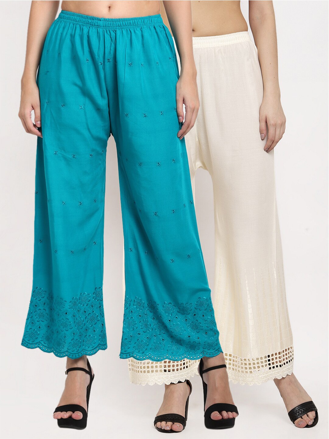 

Miaz Lifestyle Women Off White & Turquoise Blue Set of 2 Flared Palazzos