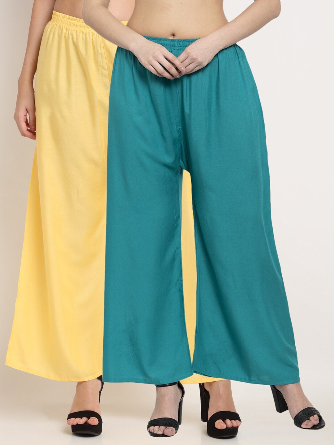 

Miaz Lifestyle Women Yellow & Teal Set of 2 Flared Palazzos