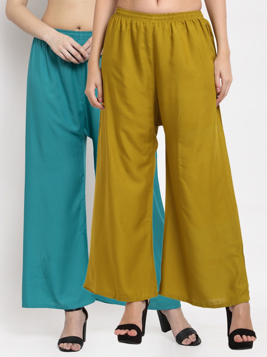 

Miaz Lifestyle Women Pack Of 2 Blue & Olive Green Solid Flared Knitted Palazzos