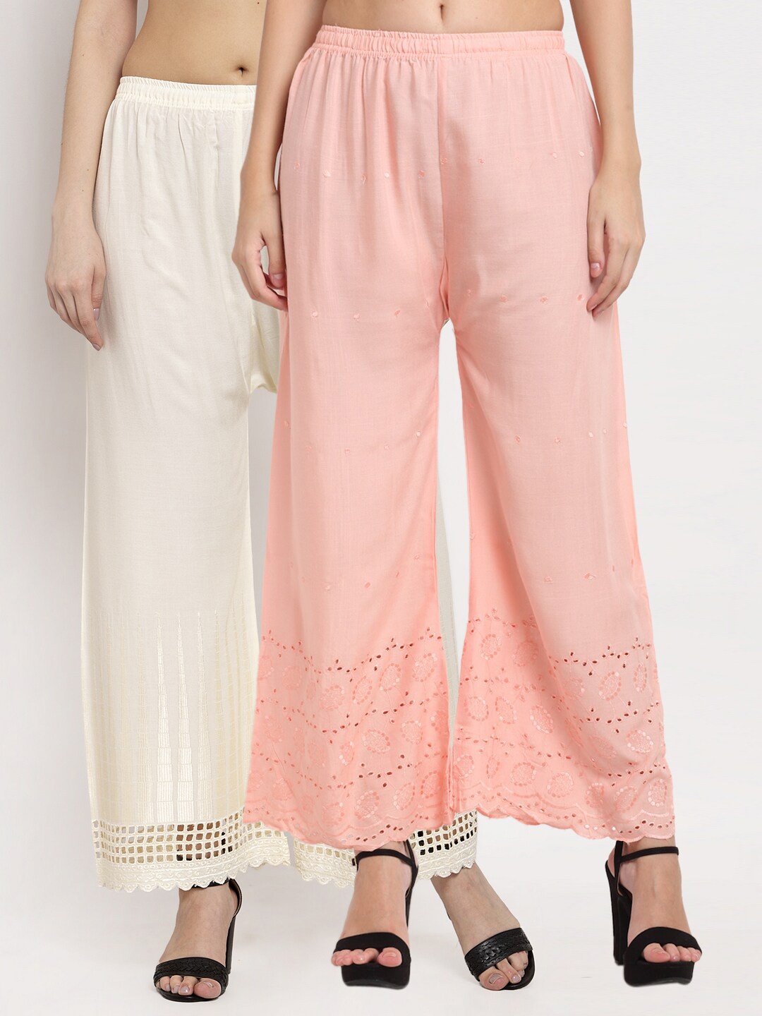 

Miaz Lifestyle Women Pack Of 2 Off White & Peach-Coloured Flared Knitted Palazzos