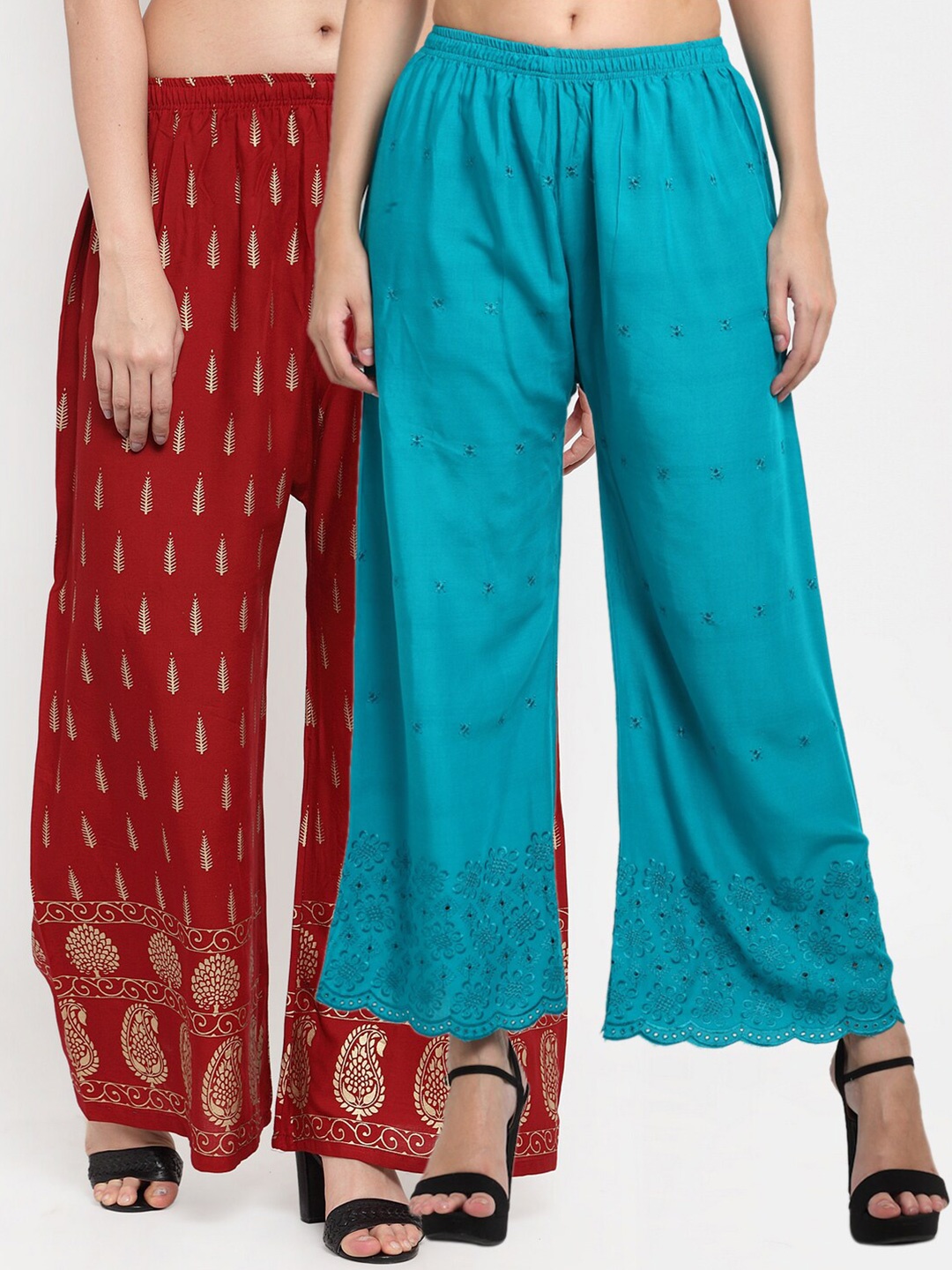 

Miaz Lifestyle Women Maroon & Blue Set of 2 Ethnic Motifs Printed Flared Palazzos