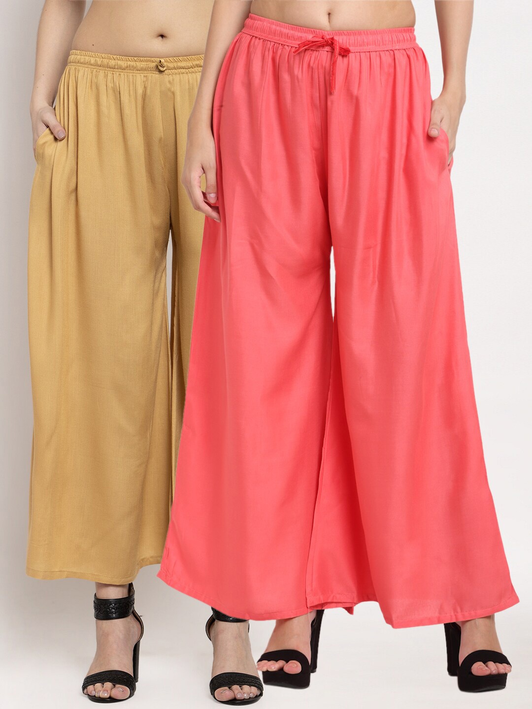 

Miaz Lifestyle Women Beige & Peach-Coloured Set of 2 Flared Palazzos