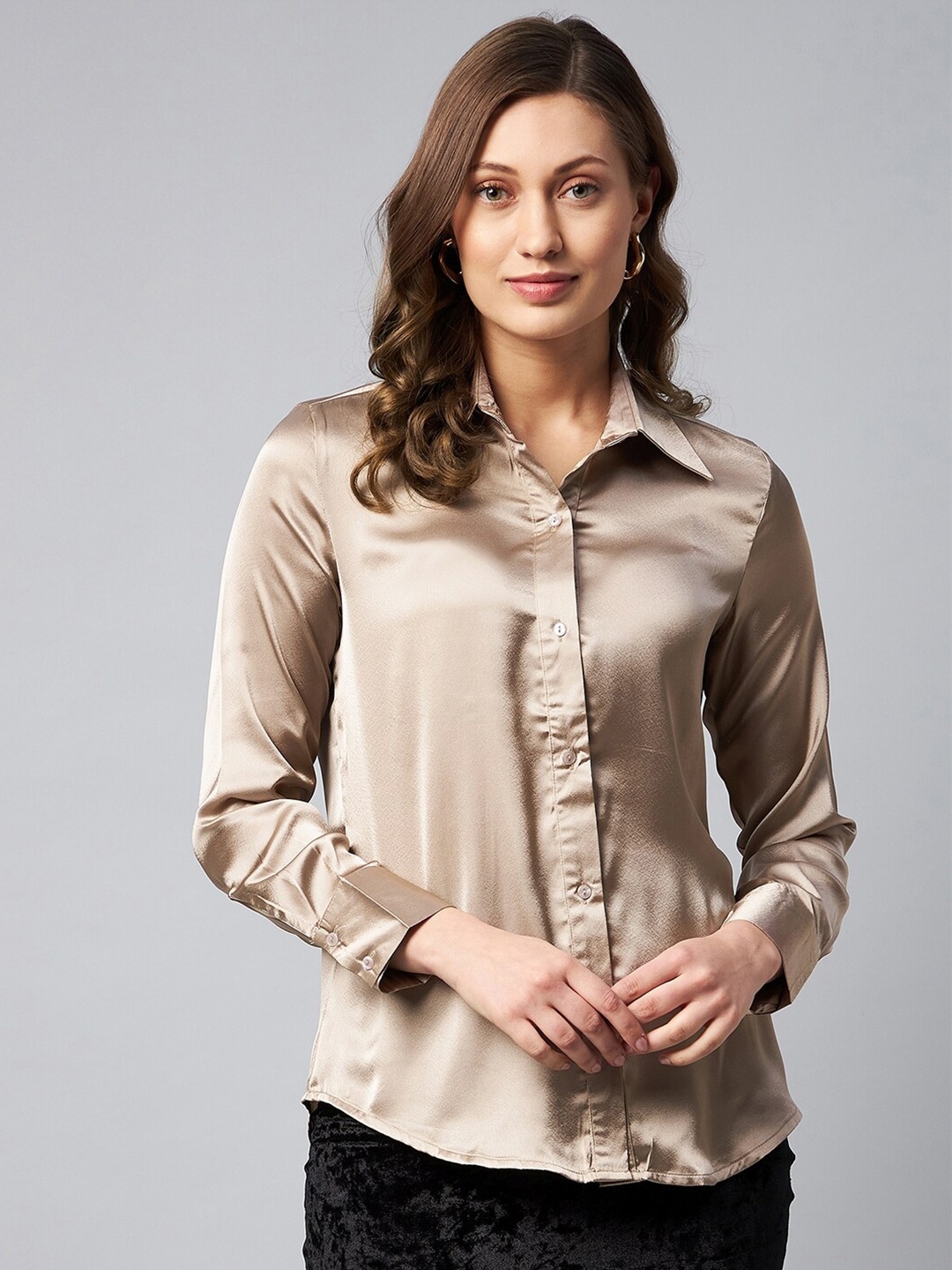 

Orchid Hues Women Beige Satin Casual Shirt