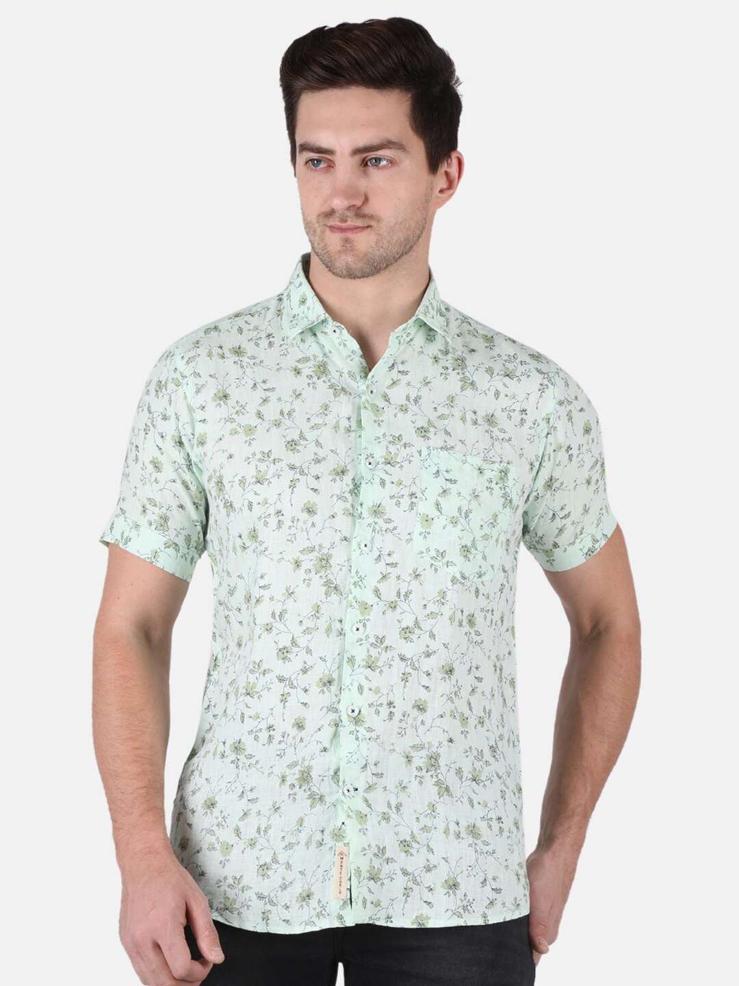 

Monte Carlo Men Olive Green & Grey Classic Floral Printed Casual Shirt