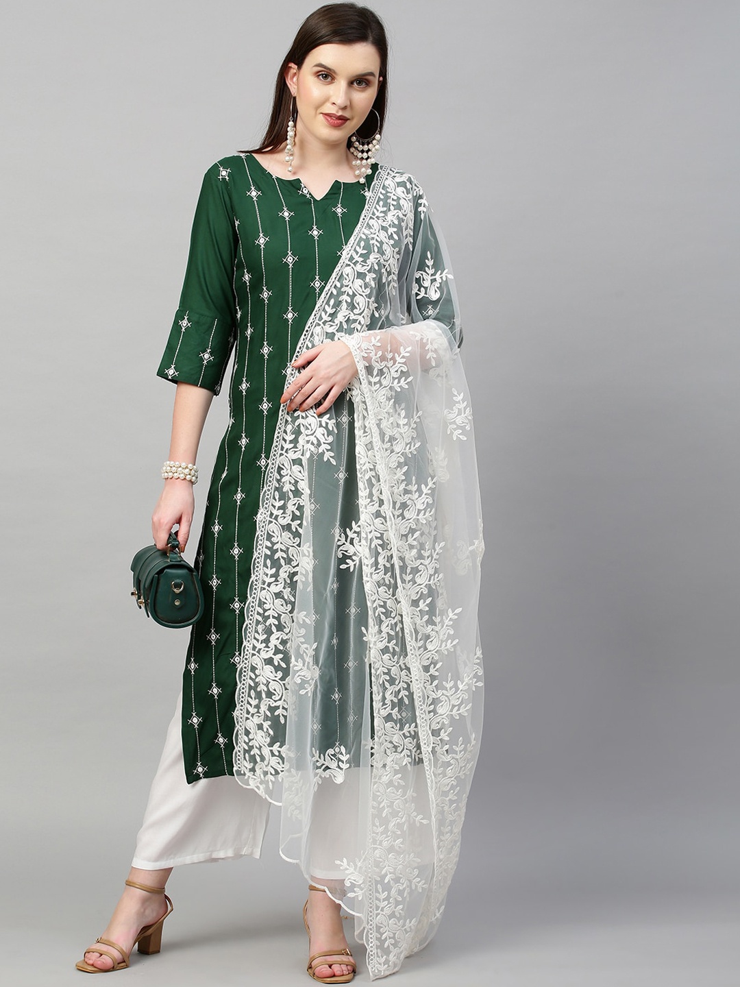

KALINI Women Green Floral Embroidered Kurta with Palazzos & With Dupatta