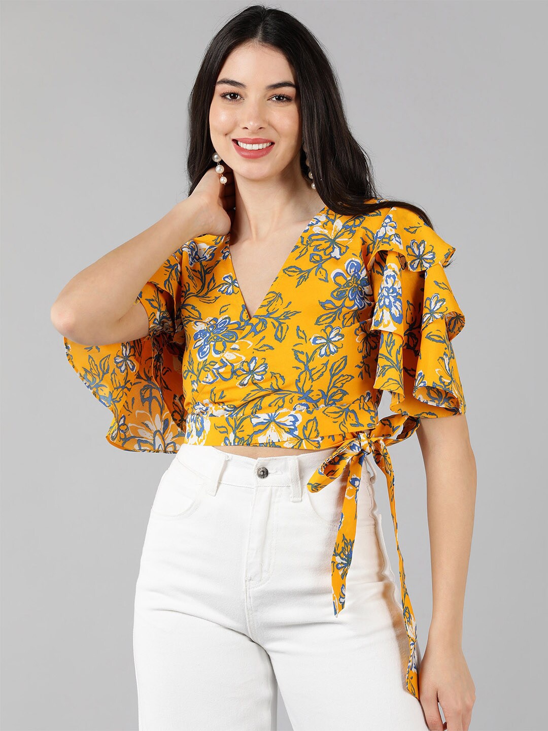

AHIKA Yellow Floral Print Georgette Wrap Crop Top
