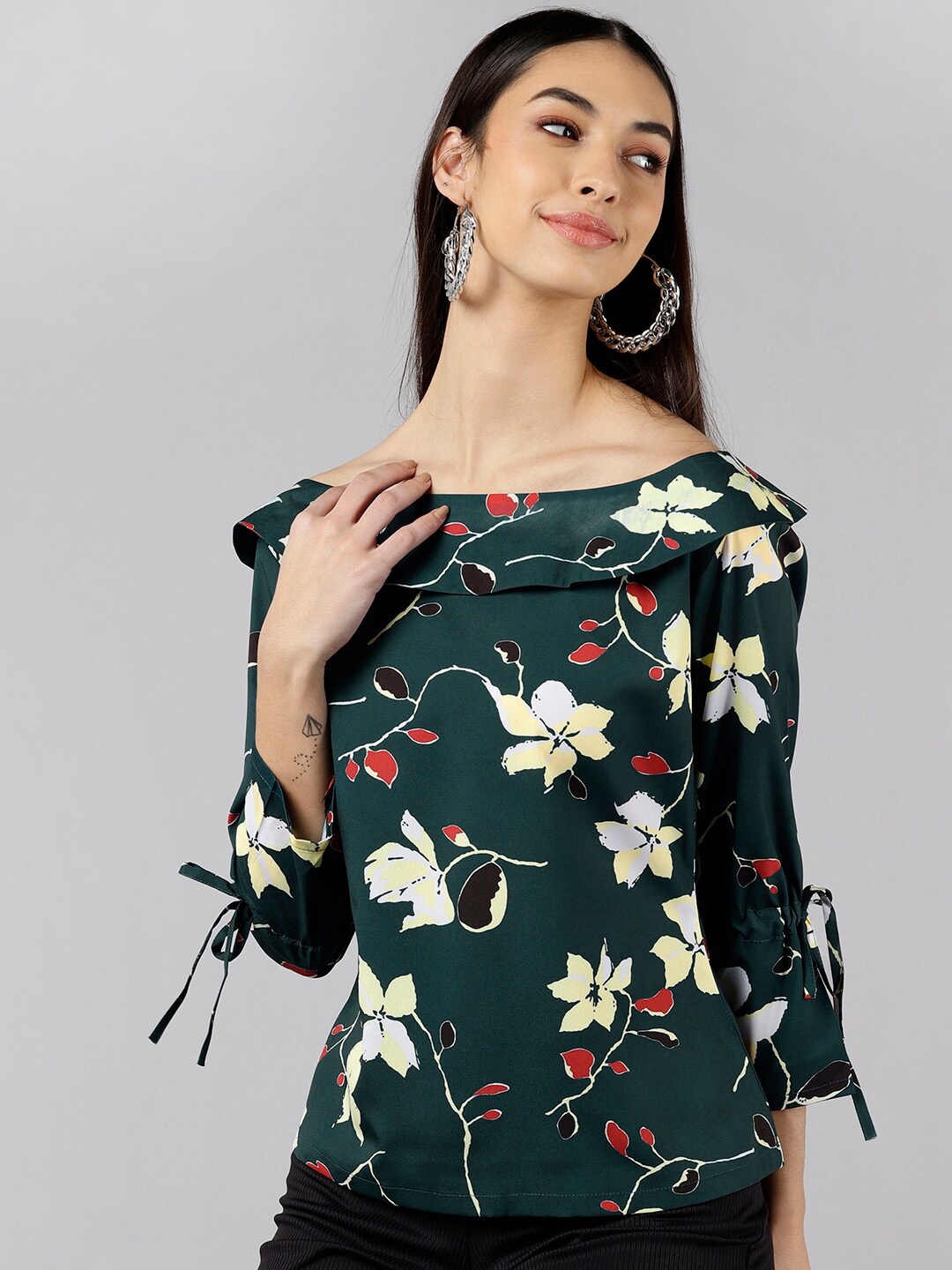 

AHIKA Green & Yellow Floral Print Georgette Top