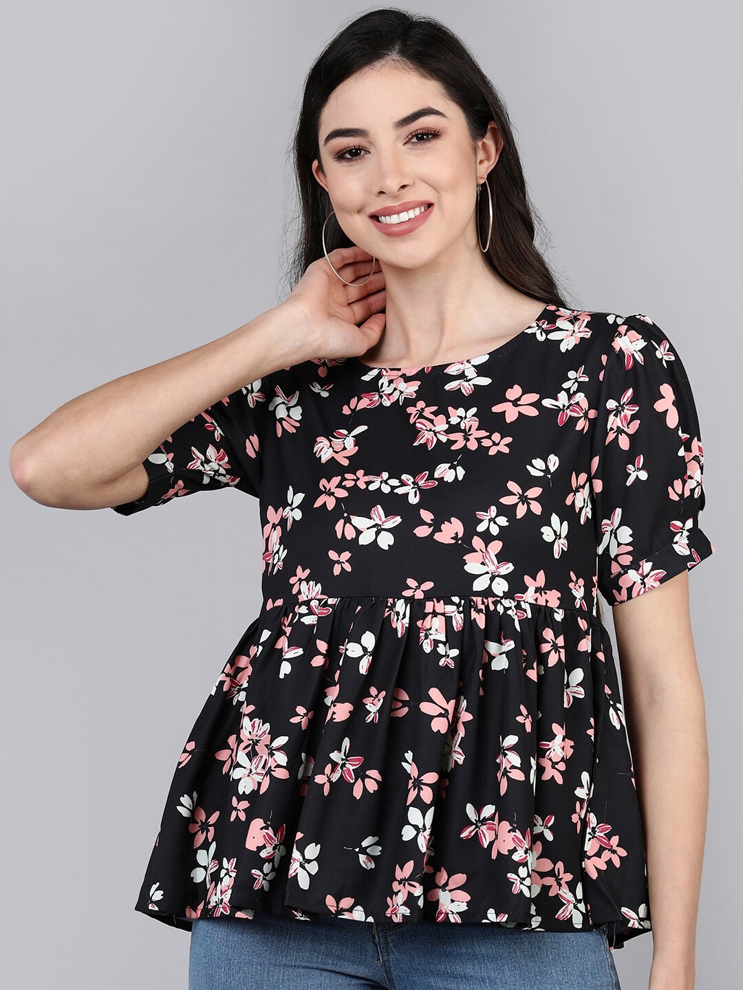 

AHIKA Black Floral Print Georgette Peplum Top