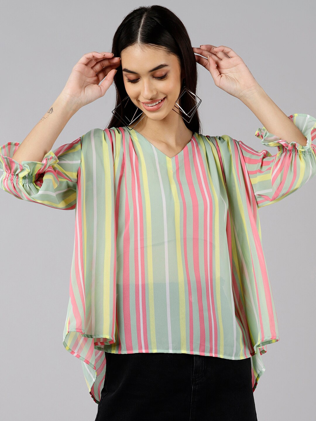 

AHIKA Sea Green Striped Georgette High-Low Top
