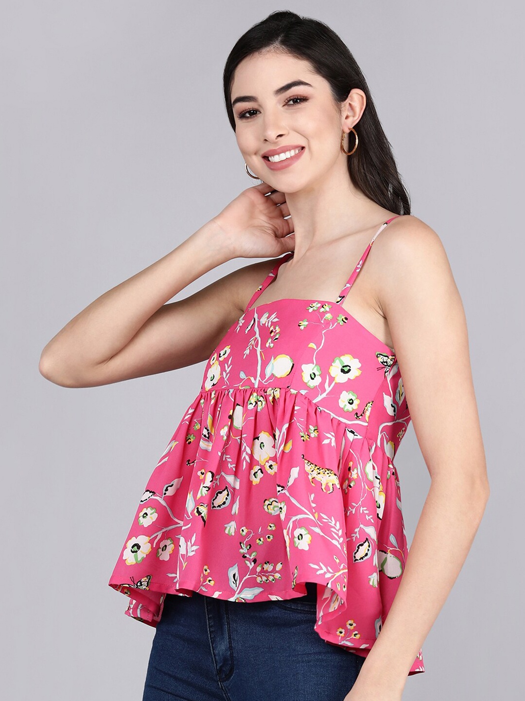 

AHIKA Pink Floral Print Georgette Empire Top