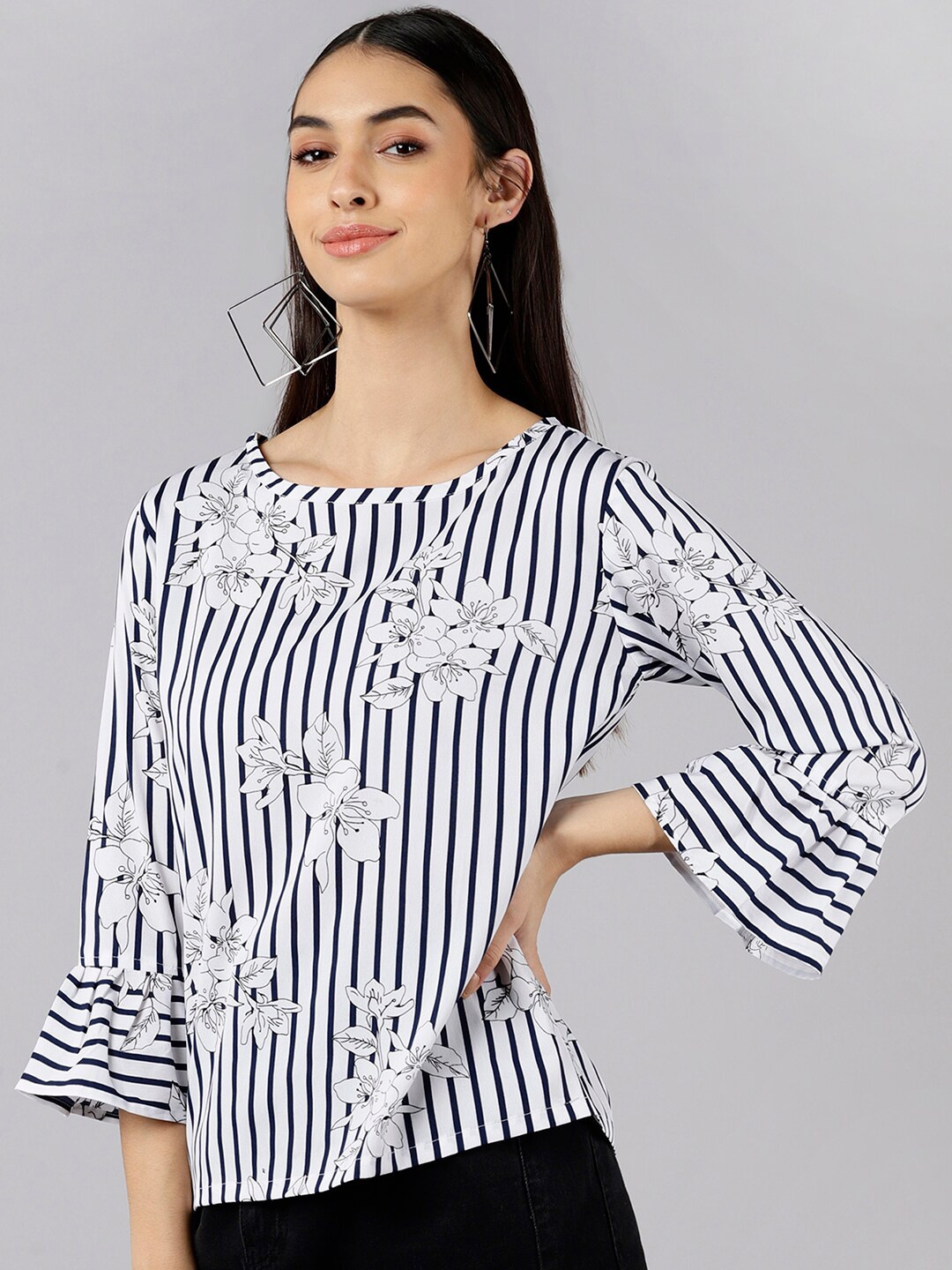 

AHIKA Navy Blue Striped Crepe Top