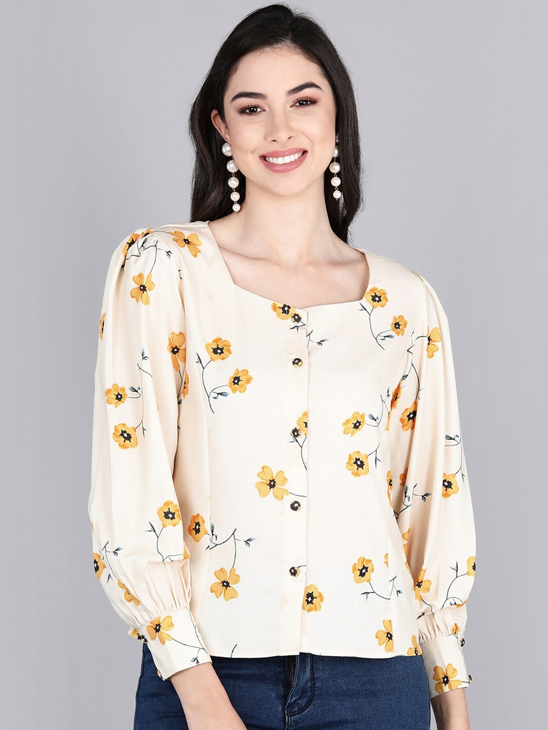 

AHIKA Off White & Yellow Floral Print Georgette Shirt Style Top
