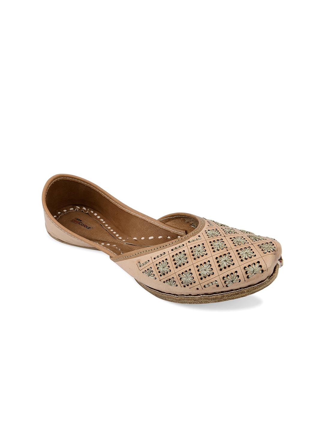 

DESI COLOUR Women Nude-Coloured Embellished Leather Ethnic Mojaris Flats