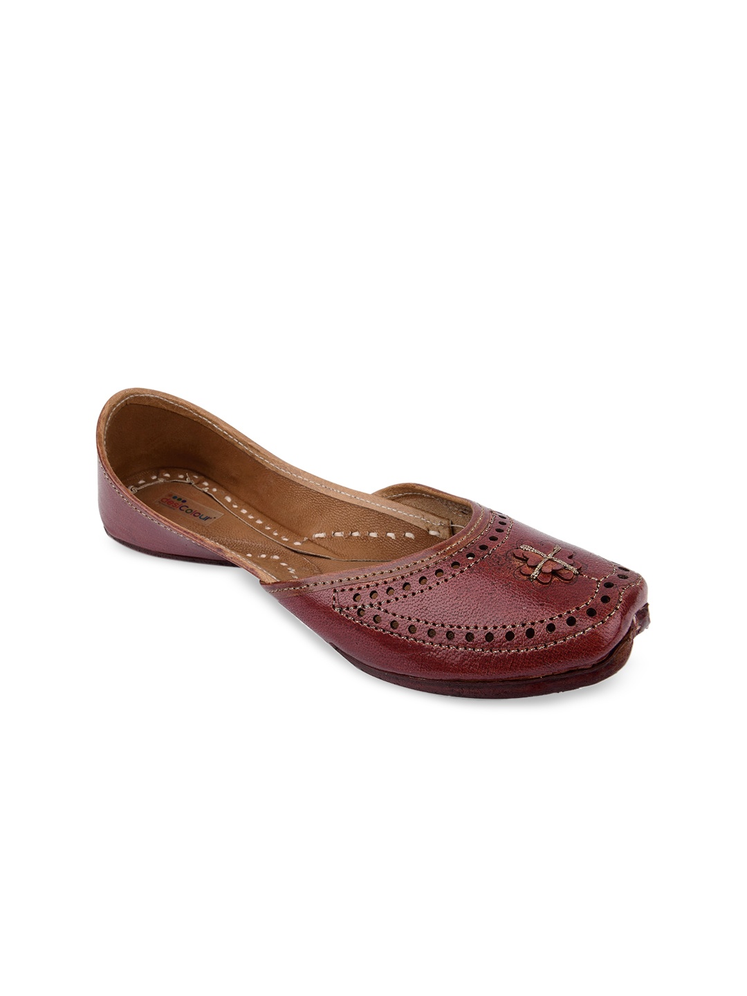 

DESI COLOUR Women Brown Textured Leather Ethnic Mojaris with Laser Cuts Flats