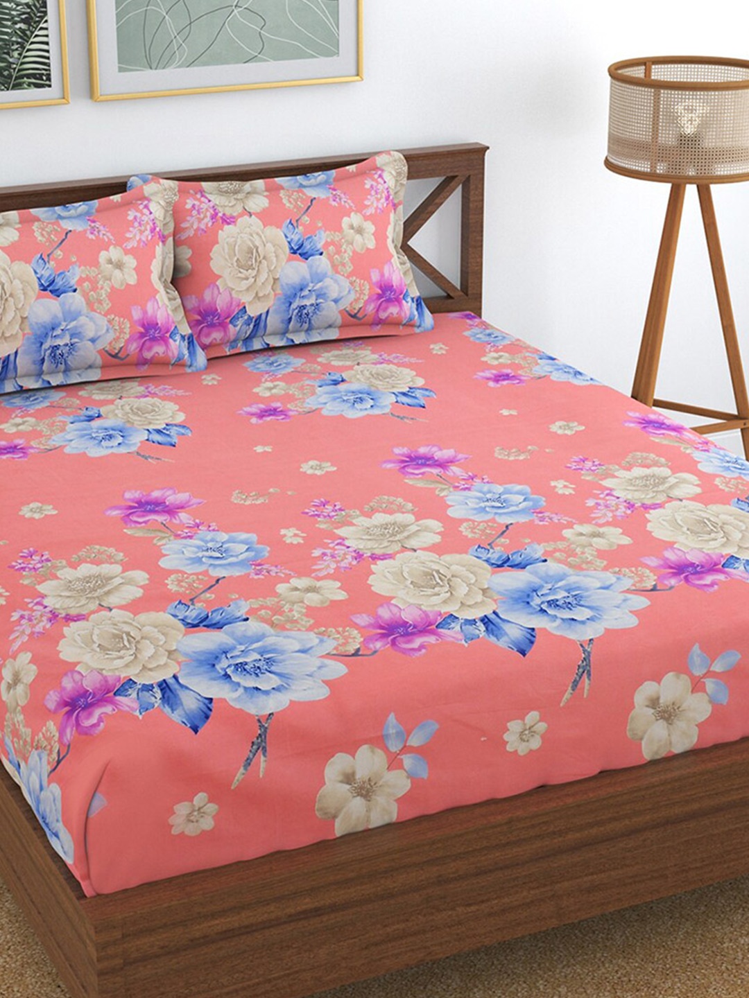 

Hammer Home Peach-Coloured & Blue Printed 144 TC Queen Bedsheet & 2 Pillow Covers