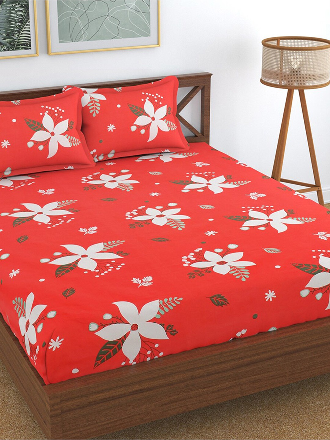 

Hammer Home Red & White Floral Printed 144 TC Queen Bedsheet & 2 Pillow Covers