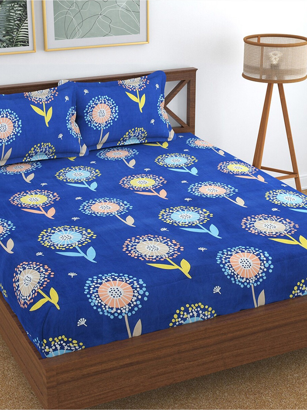 

Hammer Home Navy Blue & Pink Floral Printed 144 TC Queen Bedsheet & 2 Pillow Covers