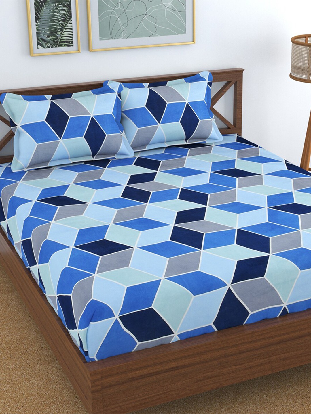

Hammer Home Blue Geometric Printed 144 TC Queen Bedsheet & 2 Pillow Covers