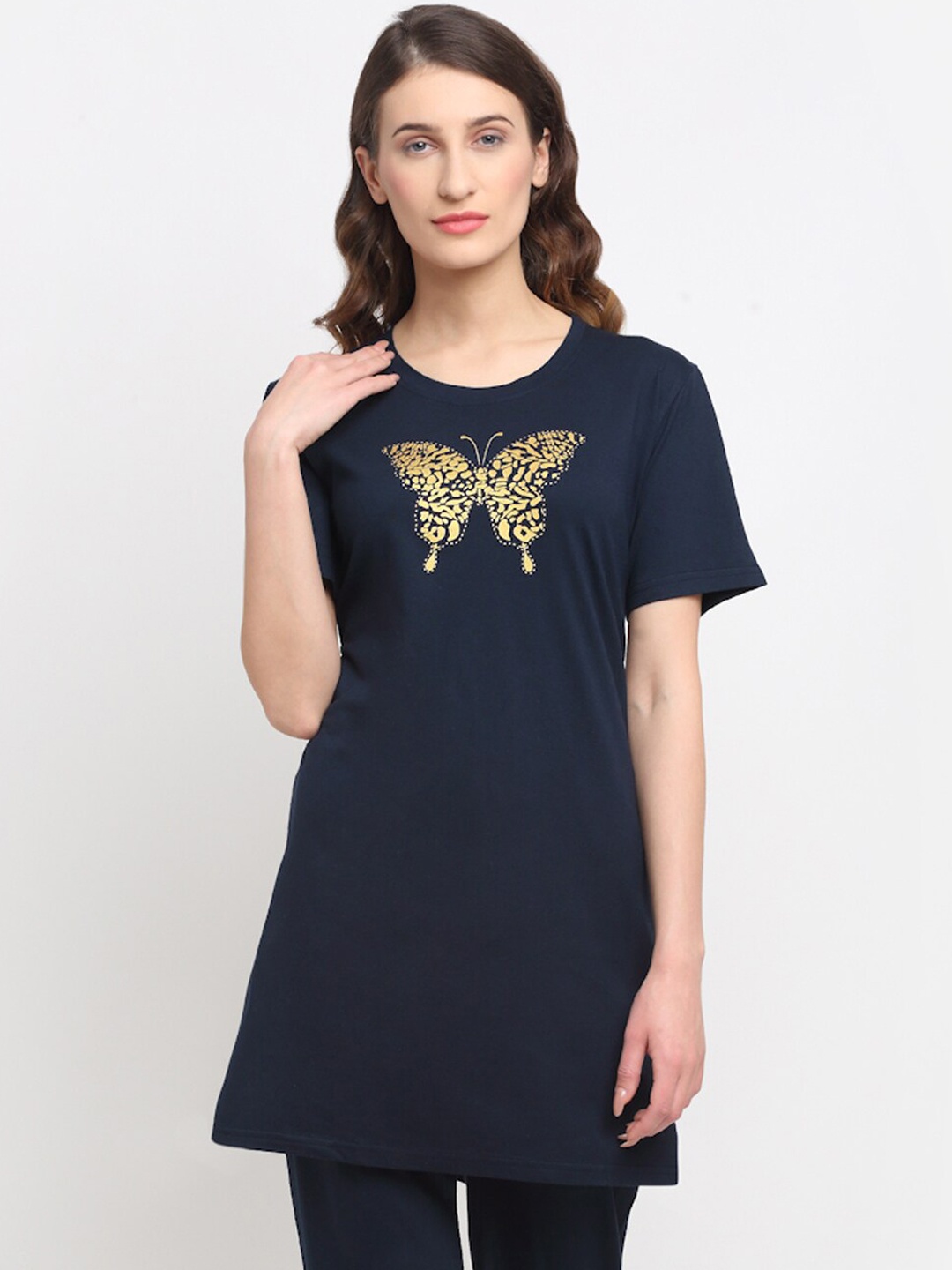 

Kanvin Women Navy Blue & Gold-Coloured Printed Lounge Tshirt