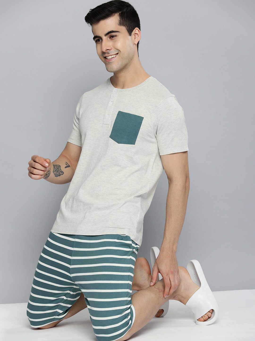 

Mast & Harbour Grey Melange & Green Striped Co-ord Set