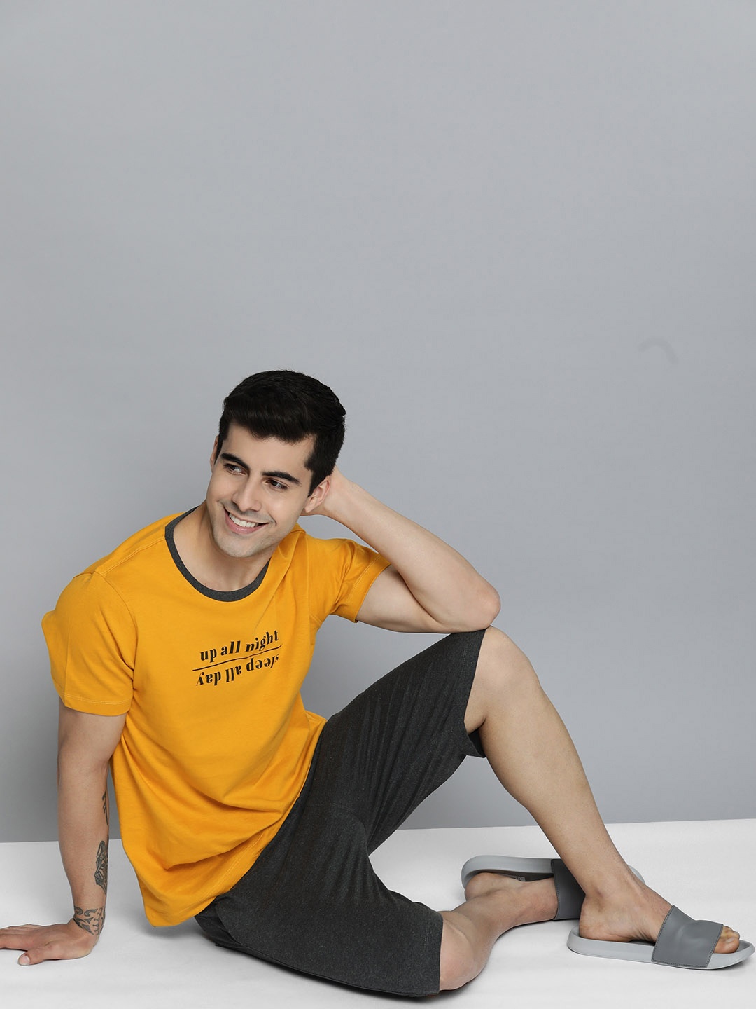 

Mast & Harbour Men Mustard Yellow & Charcoal Grey Printed T-shirt with Shorts