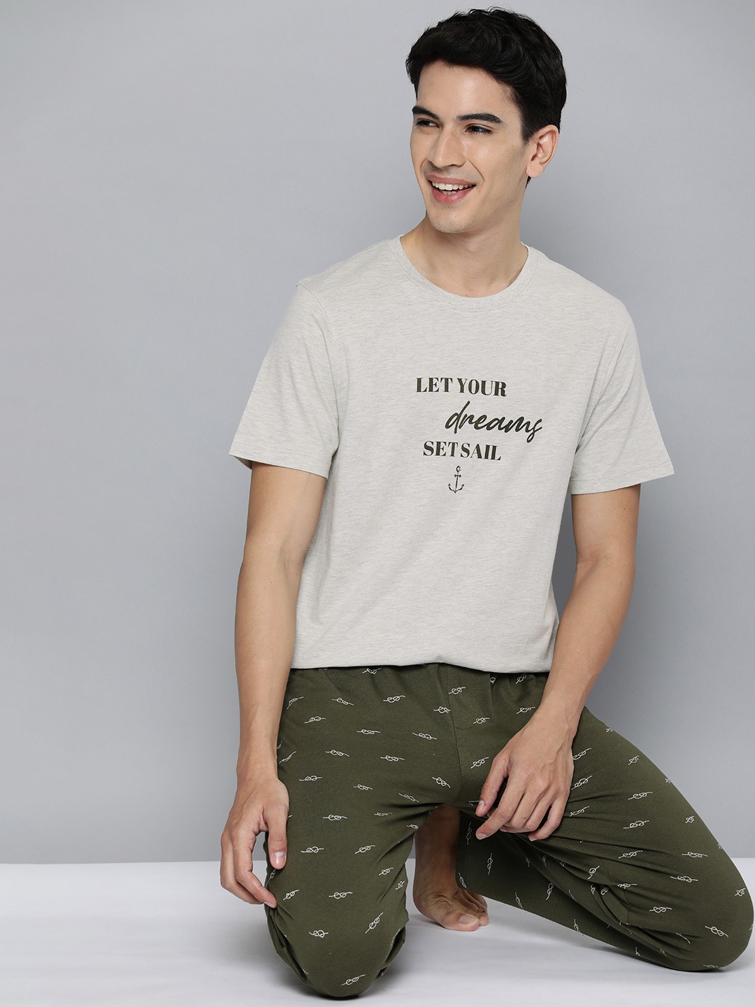 

Mast & Harbour Men Grey & Olive Green Printed Co-Ord Set