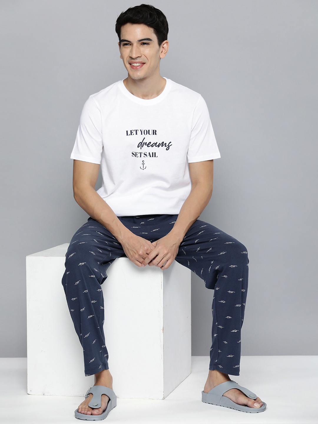 

Mast & Harbour Men White & Navy Blue Printed Co-Ord Set