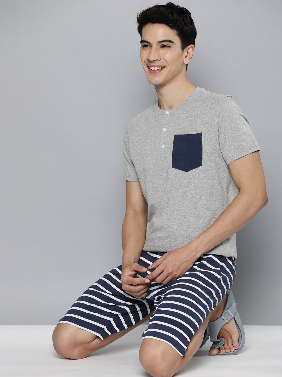 

Mast & Harbour Grey Melange & Navy Blue Striped Co-ord Set