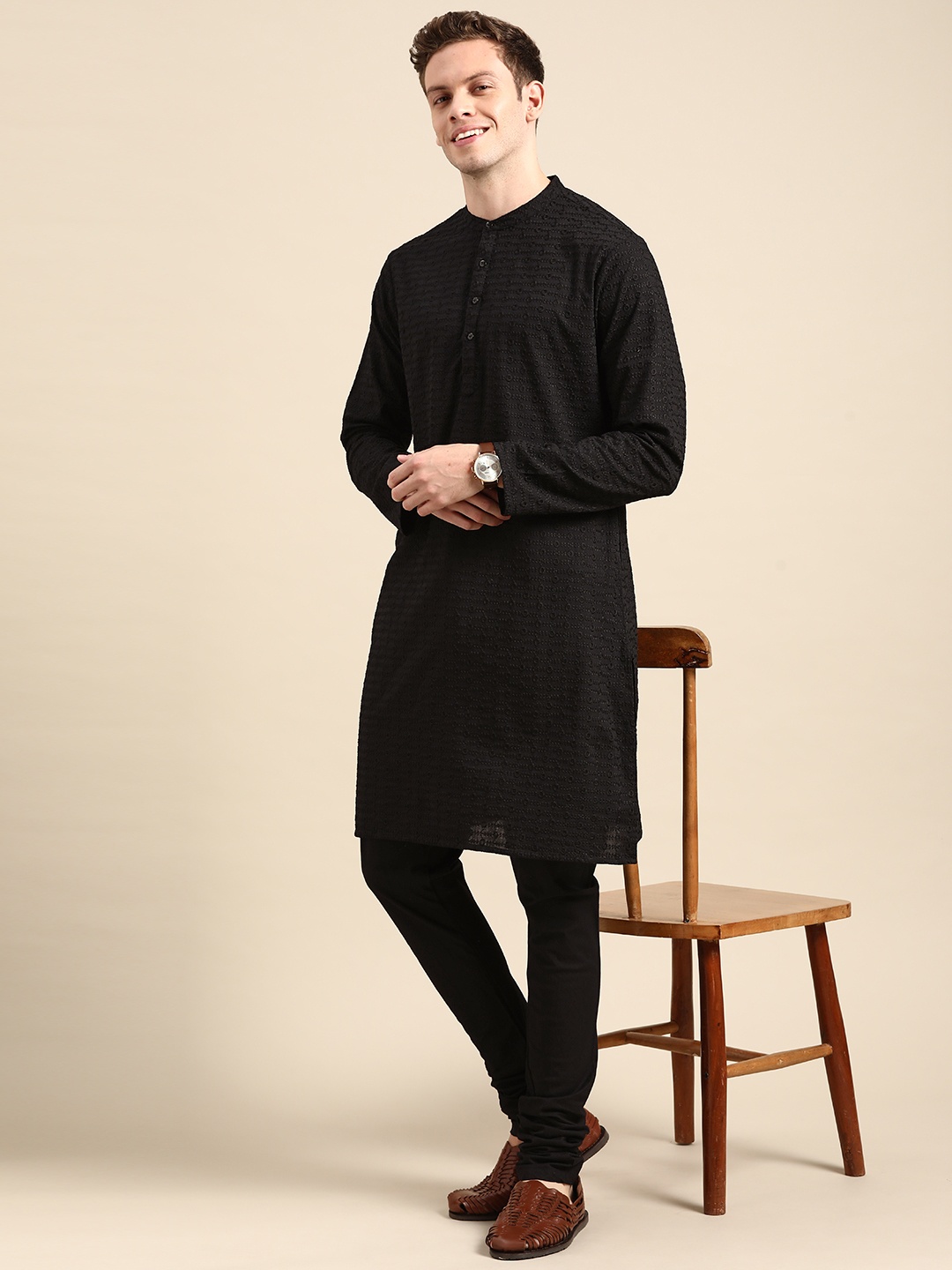 

Anouk Men Black Floral Embroidered Thread Work Pure Cotton Kurta with Churidar