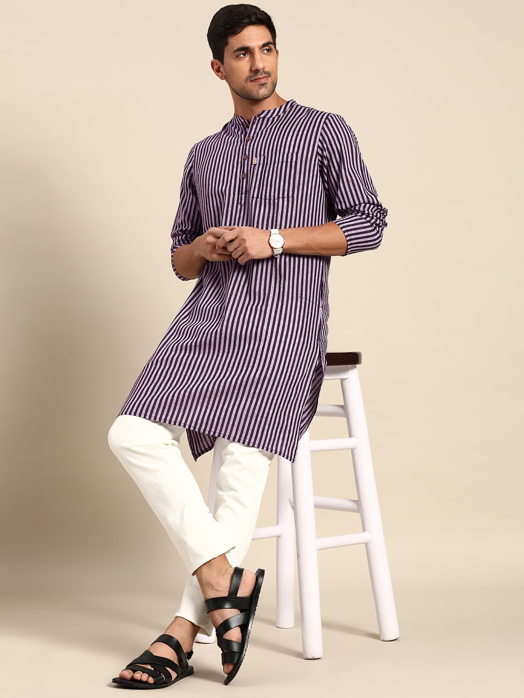 

Anouk Men Purple & Grey Striped Straight Kurta