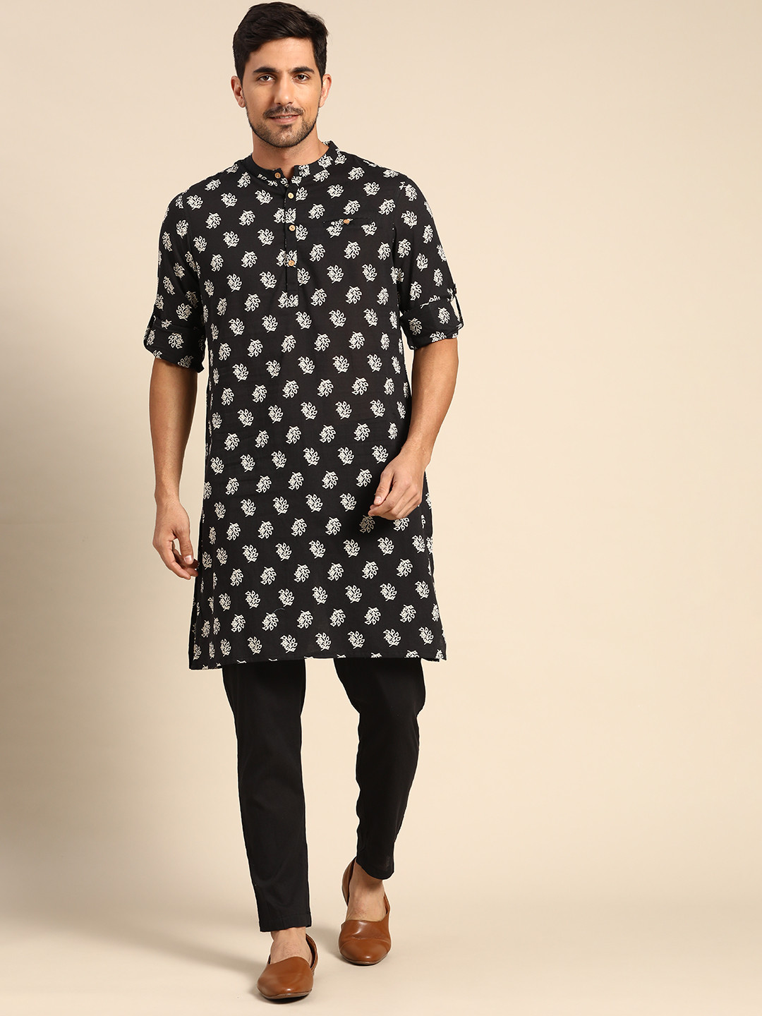 

Anouk Men Black Pure Cotton Ethnic Motifs Printed Kurta with Trousers