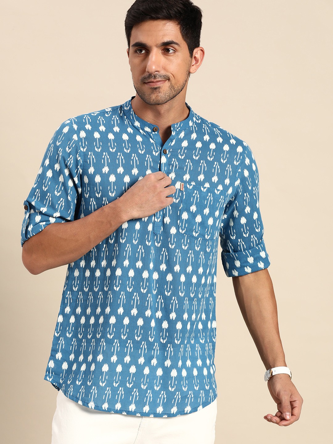 

Anouk Men Blue & White Pure Cotton Ethnic Motifs Print Short Kurta