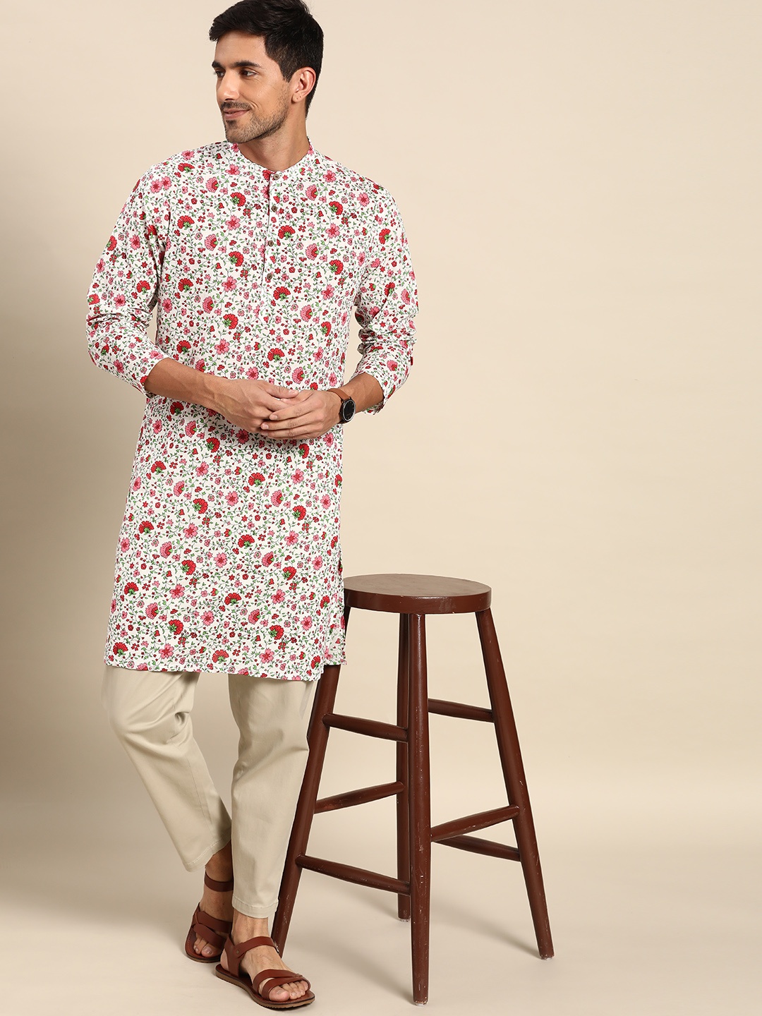 

Anouk Men White & Pink Pure Cotton Ethnic Motifs Print Kurta